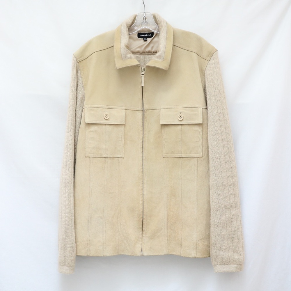 Vintage shirt jacket men's genuine leather knit 2XL Adolfo beige sand